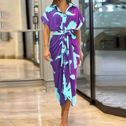 Robe-chemisier à taille haute, manches courtes et imprimé à revers pour femme