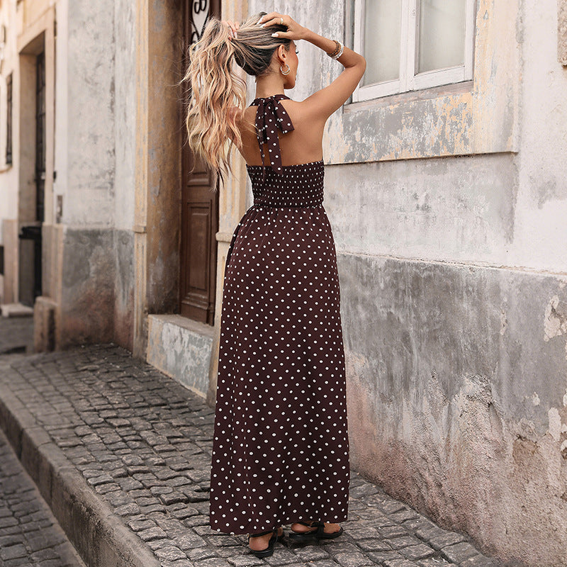 Robe Longue Bohème Chic à Pois Coupe Fluide Élégante & Dos Nu Séduisant