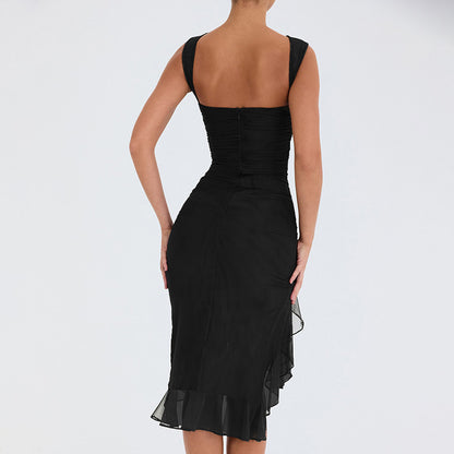 Robe Noire Élégante Moulante avec Fente en Mousseline – Chic & Féminine pour Soirée et Sortie
