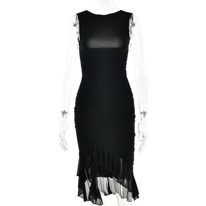 Robe Noire Élégante Moulante avec Fente en Mousseline – Chic & Féminine pour Soirée et Sortie