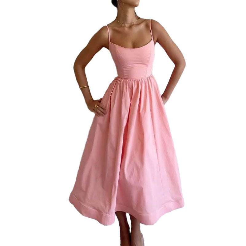 Robe à bretelles imprimée unie pour femme, fraîche, douce et sexy