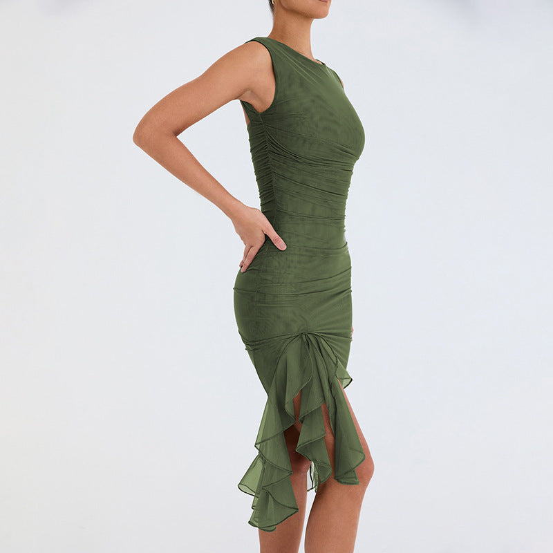 Robe Noire Élégante Moulante avec Fente en Mousseline – Chic & Féminine pour Soirée et Sortie