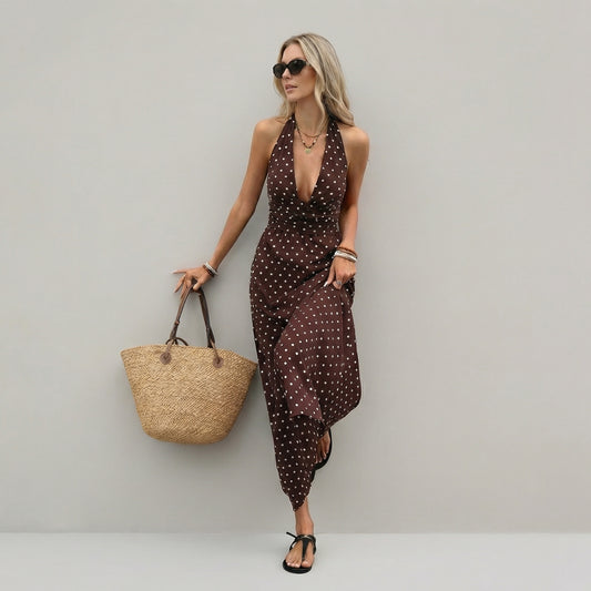 Robe Longue Bohème Chic à Pois Coupe Fluide Élégante & Dos Nu Séduisant